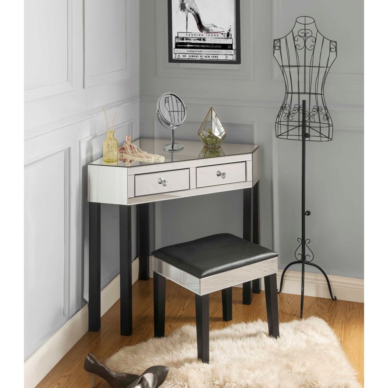 Inspired Home Milano Mirrored Vanity Set-2 Drawers-2 Piece Set-Corner Option-